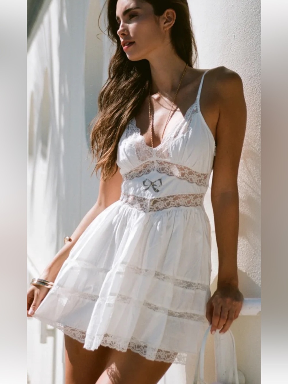 LoveShackFancy NWT 345 Zima White Lace Trim Spaghetti Strap Dress size 0